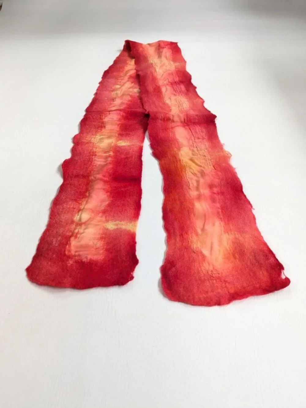 Handmade Wool Wet Felted and Silk Scarf Long OOAK Red Orange Yellow Boho